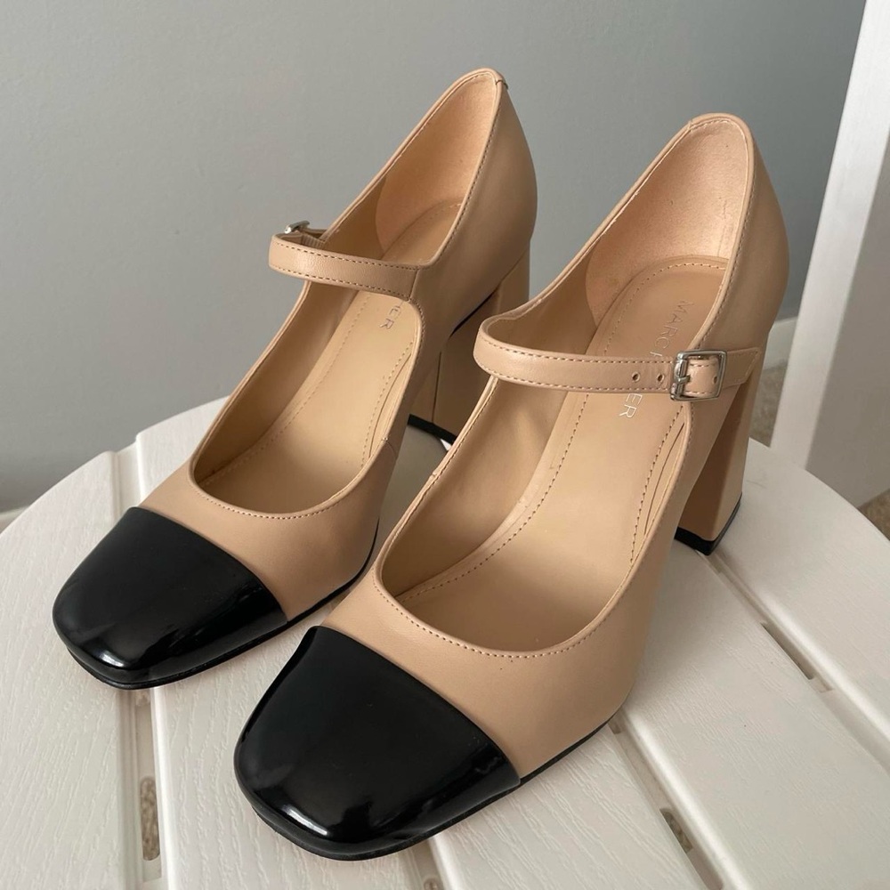 Marc Fisher Black and Tan Block Heel Mary Janes